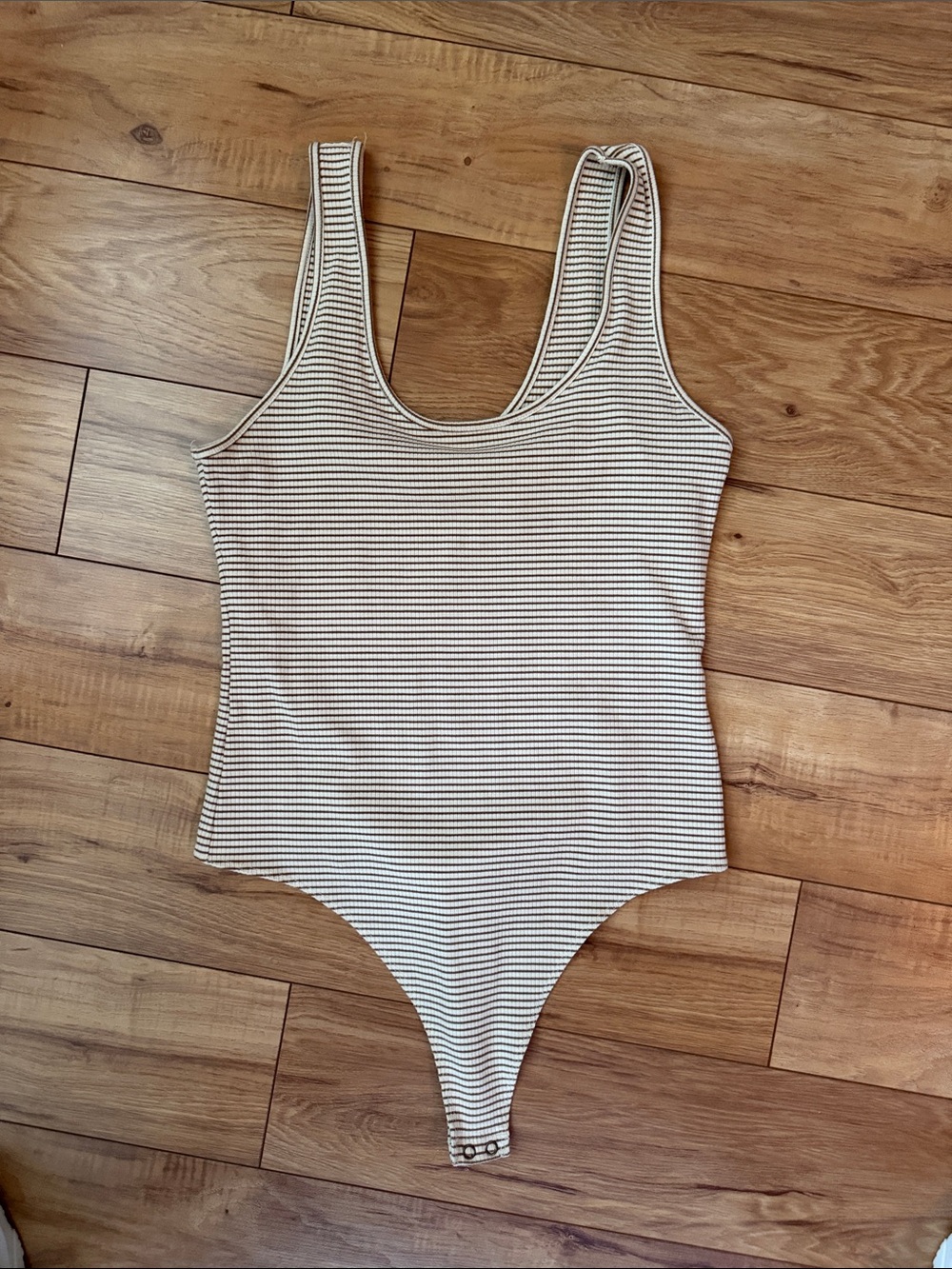 American Eagle Outfitters Cream & Brown Striped Ribbed Bodysuit Tank